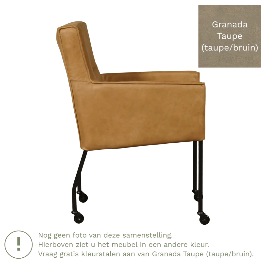 afbeelding van Leren eetkamerstoel met wieltjes en armleuning Lucky - Granada Taupe (taupe/bruin)