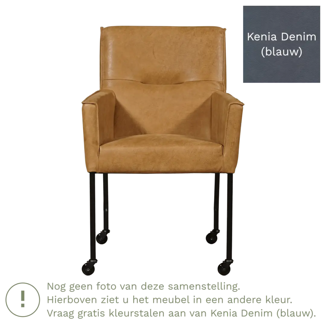 afbeelding van Leren eetkamerstoel met wieltjes en armleuning Lucky - Kenia Denim (blauw)