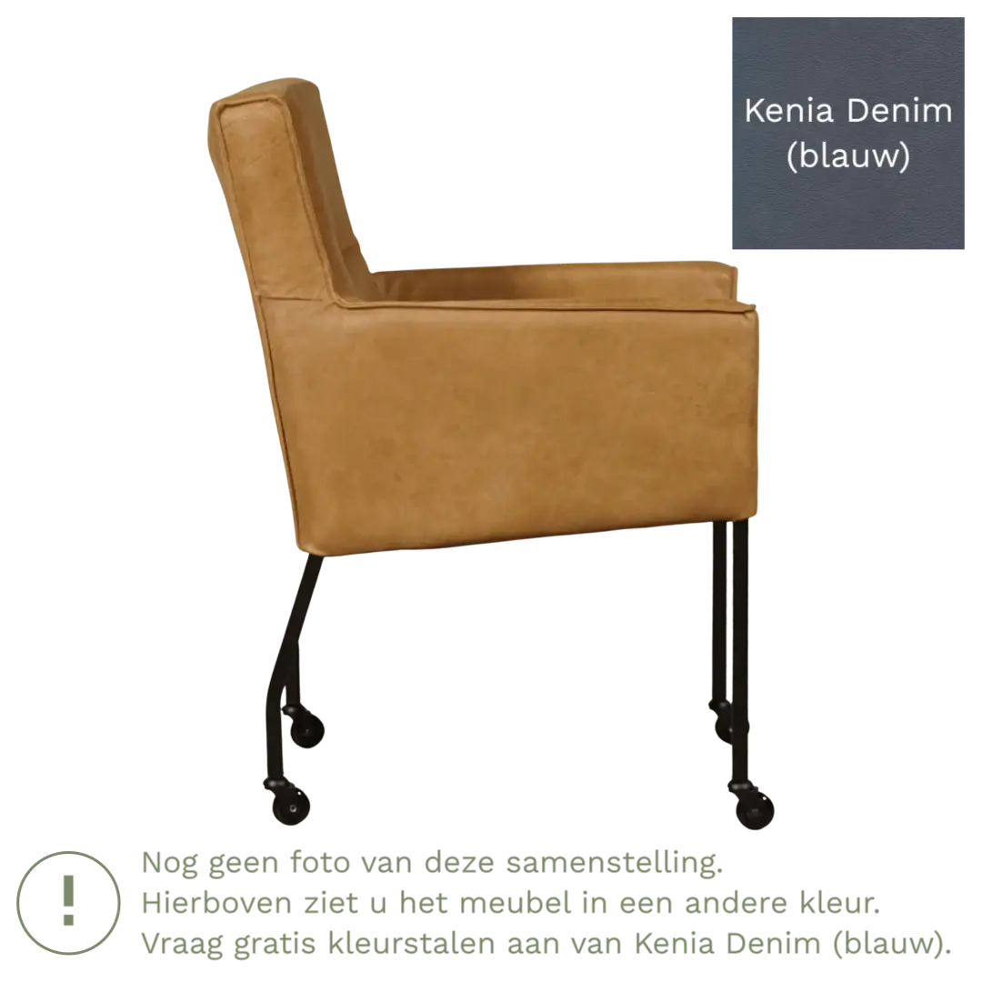 afbeelding van Leren eetkamerstoel met wieltjes en armleuning Lucky - Kenia Denim (blauw)