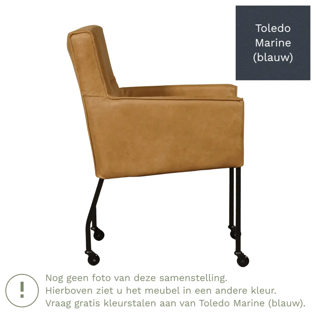 afbeelding van Leren eetkamerstoel met wieltjes en armleuning Lucky - Toledo Marine (blauw)