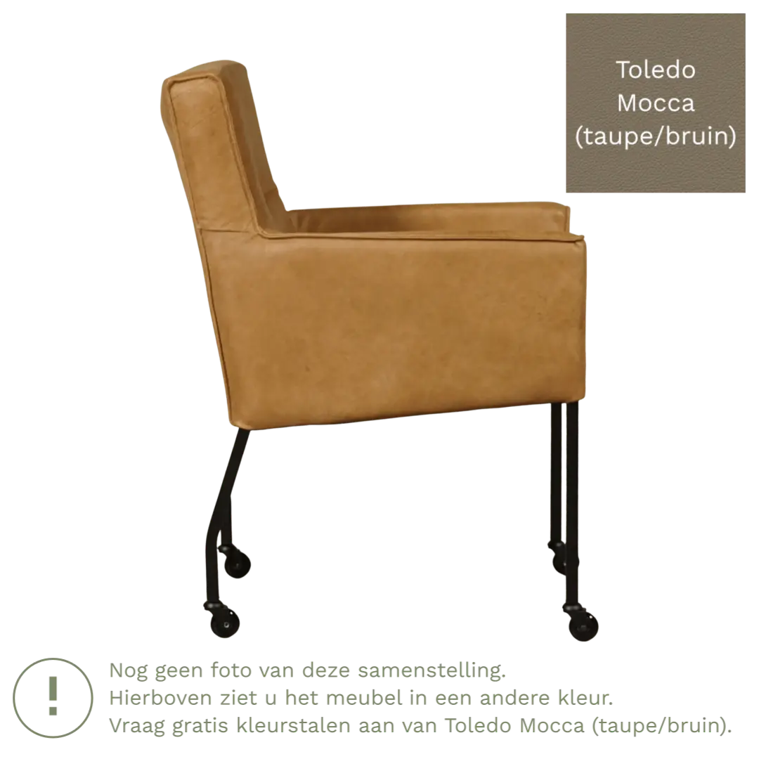 afbeelding van Leren eetkamerstoel met wieltjes en armleuning Lucky - Toledo Mocca (taupe/bruin)