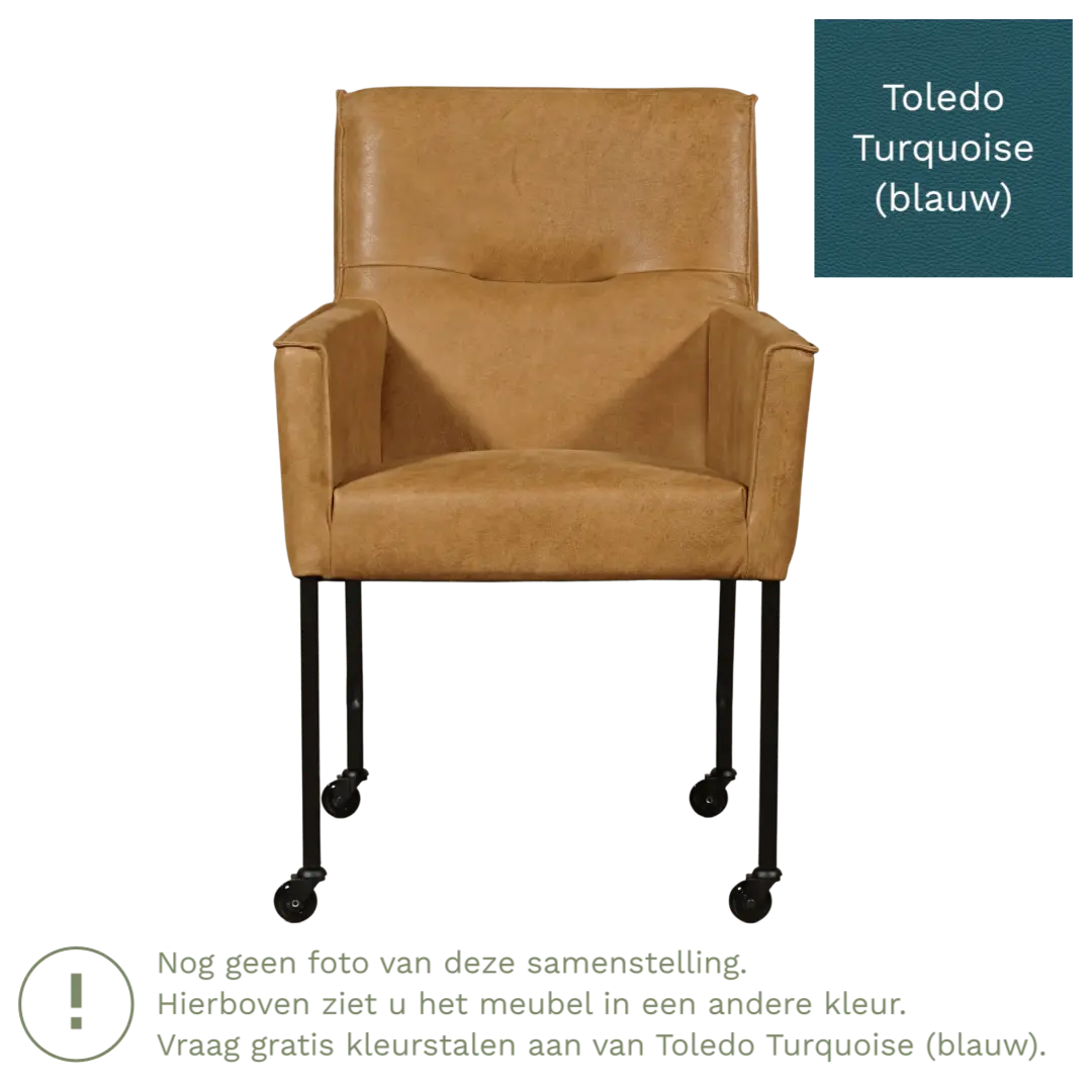 afbeelding van Leren eetkamerstoel met wieltjes en armleuning Lucky - Toledo Turquoise (blauw)