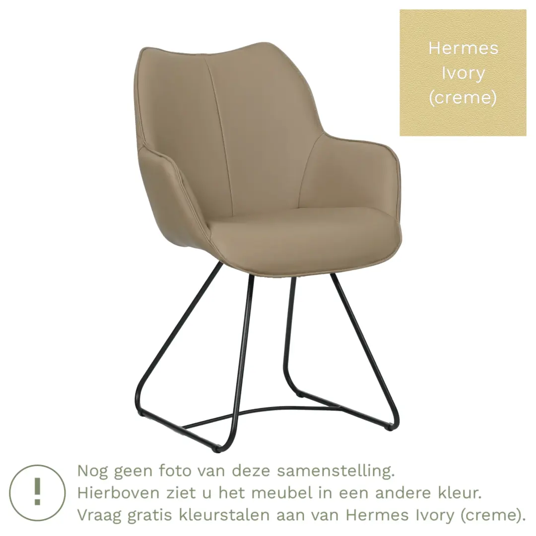 afbeelding van Leren eetkamerstoel Magic - Hermes Ivory (crème) - U-poot staal rond zwart