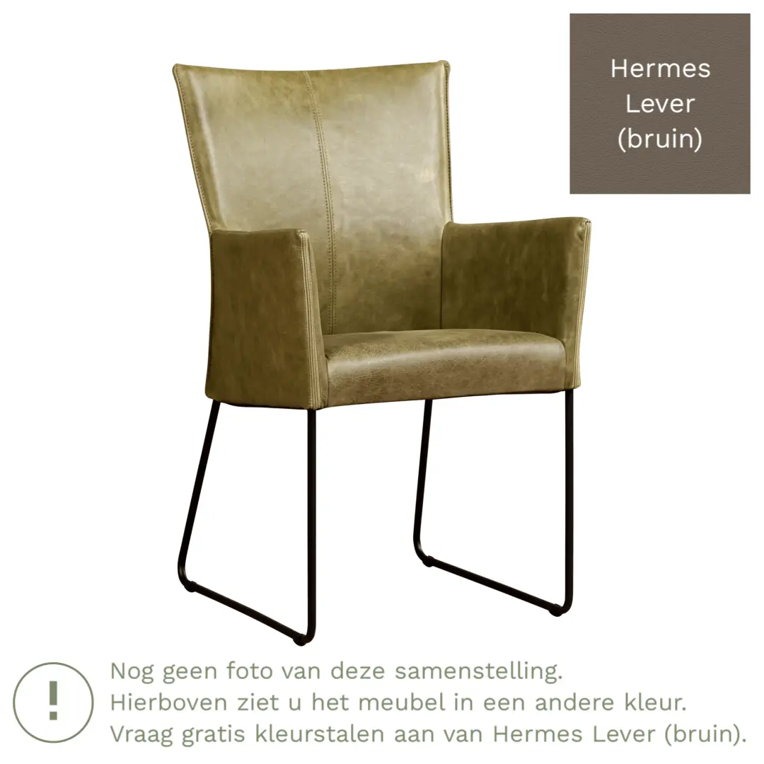 afbeelding van Leren eetkamerstoel Mate met armleuning - Hermes Lever (bruin) - U-poot staal rond zwart