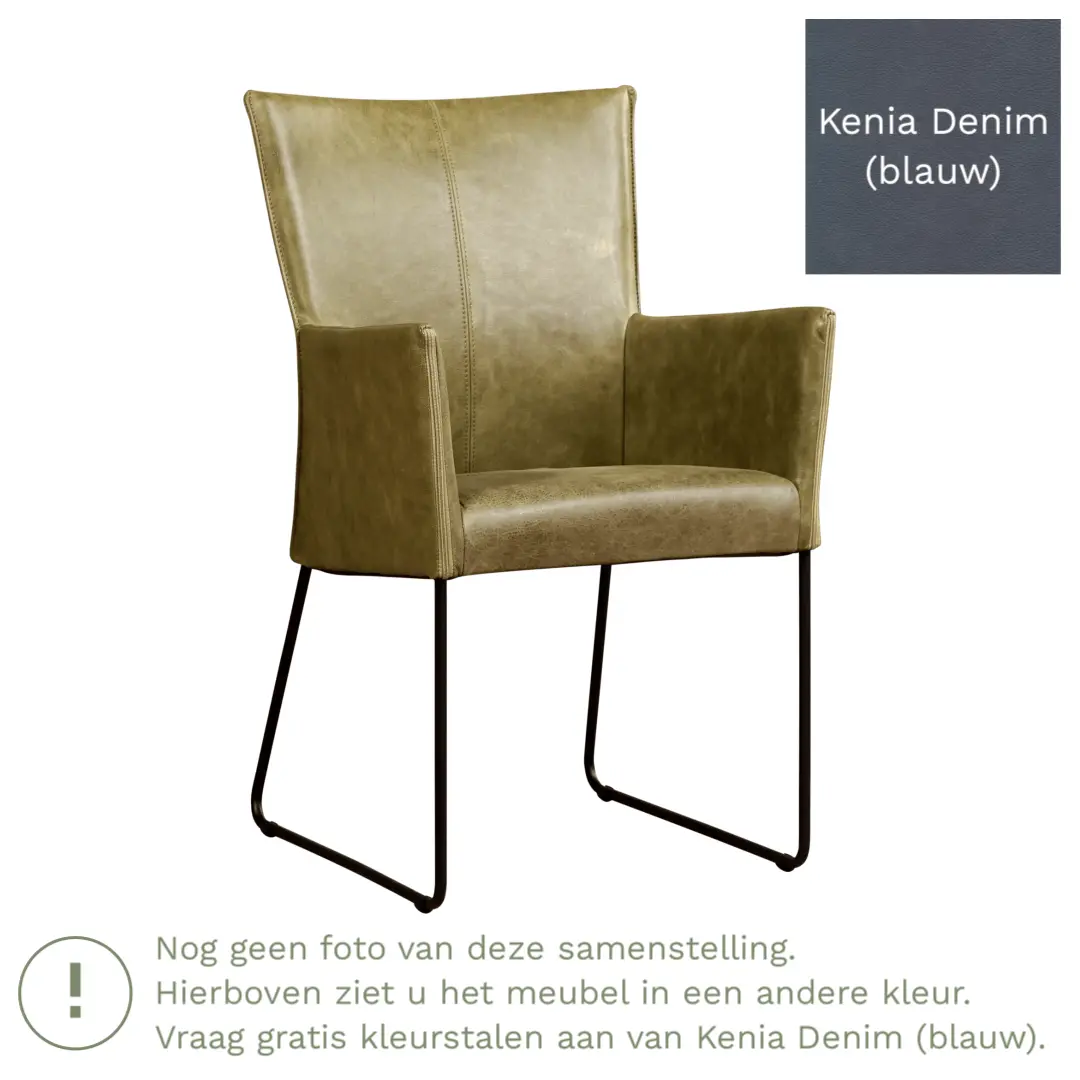 afbeelding van Leren eetkamerstoel Mate met armleuning - Kenia Denim (blauw) - U-poot staal rond zwart