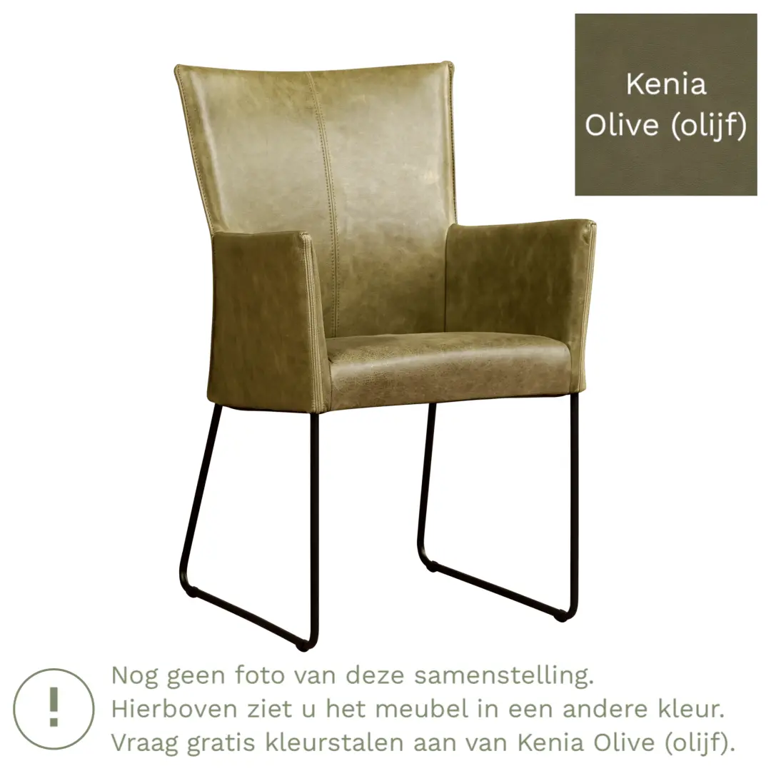 afbeelding van Leren eetkamerstoel Mate met armleuning - Kenia Olive (olijf) - U-poot staal rond zwart