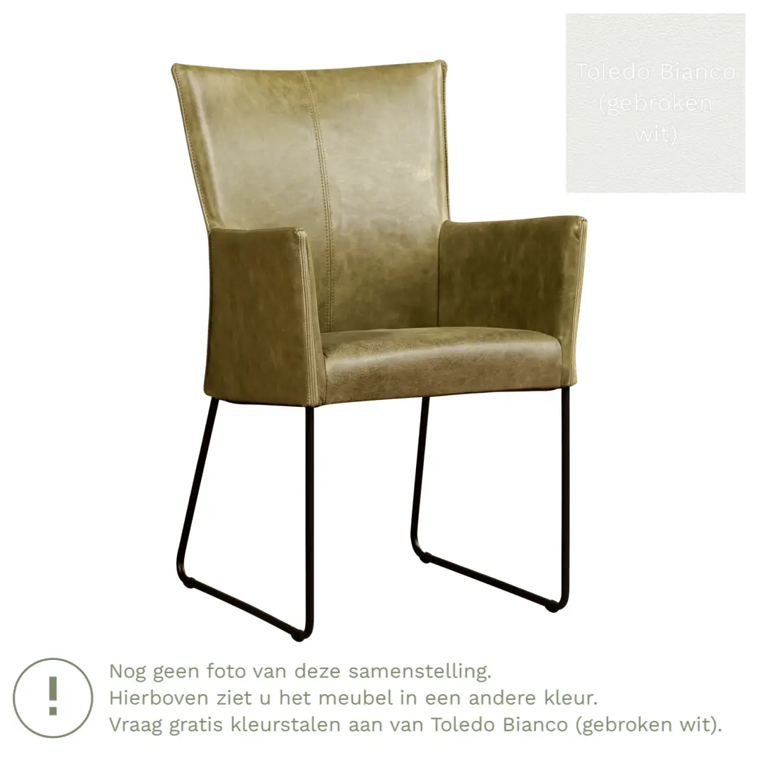 afbeelding van Leren eetkamerstoel Mate met armleuning - Toledo Bianco (gebroken wit) - U-poot staal rond zwart