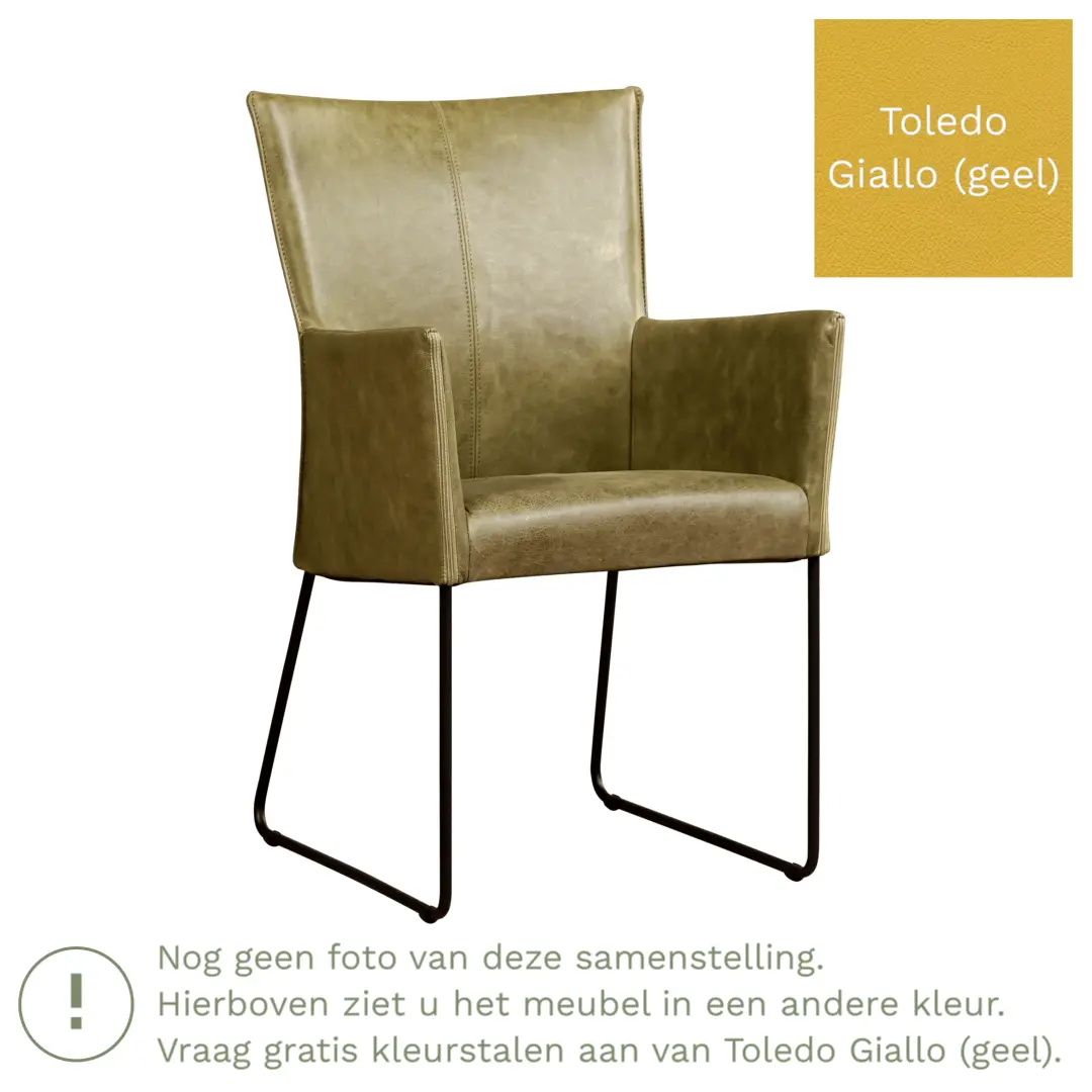 afbeelding van Leren eetkamerstoel Mate met armleuning - Toledo Giallo (geel) - U-poot staal rond zwart
