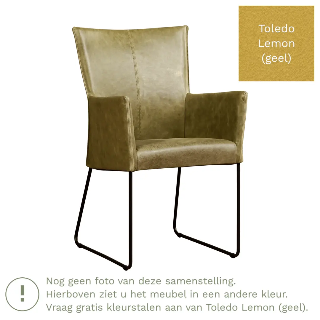 afbeelding van Leren eetkamerstoel Mate met armleuning - Toledo Lemon (geel) - U-poot staal rond zwart