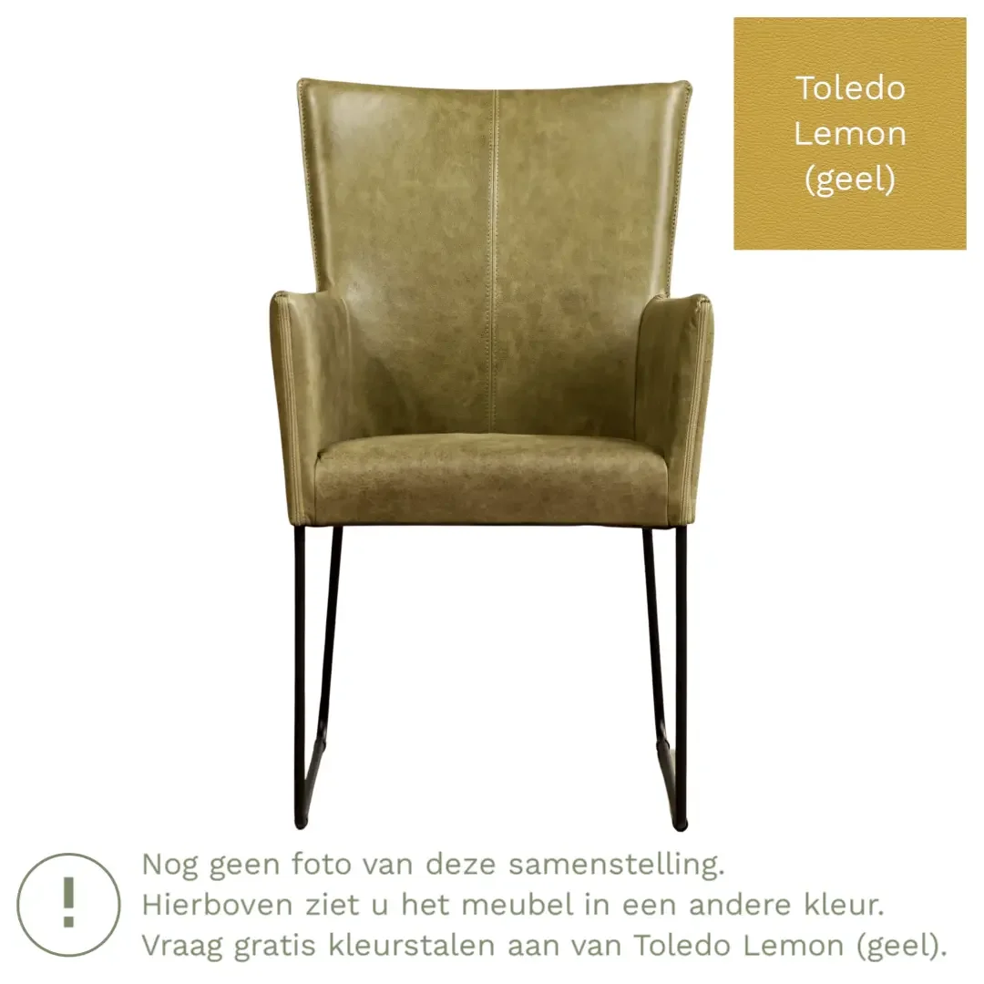 afbeelding van Leren eetkamerstoel Mate met armleuning - Toledo Lemon (geel) - U-poot staal rond zwart
