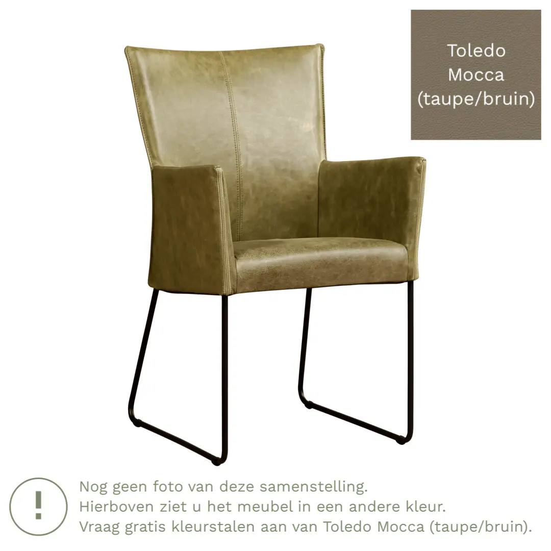 afbeelding van Leren eetkamerstoel Mate met armleuning - Toledo Mocca (taupe/bruin) - U-poot staal rond zwart