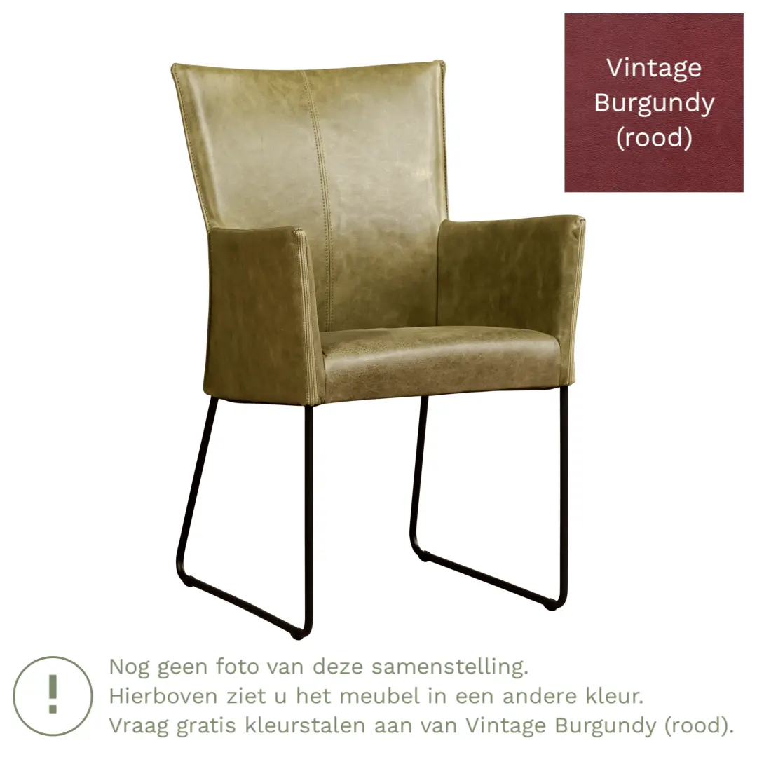 afbeelding van Leren eetkamerstoel Mate met armleuning - Vintage Burgundy (rood) - U-poot staal rond zwart