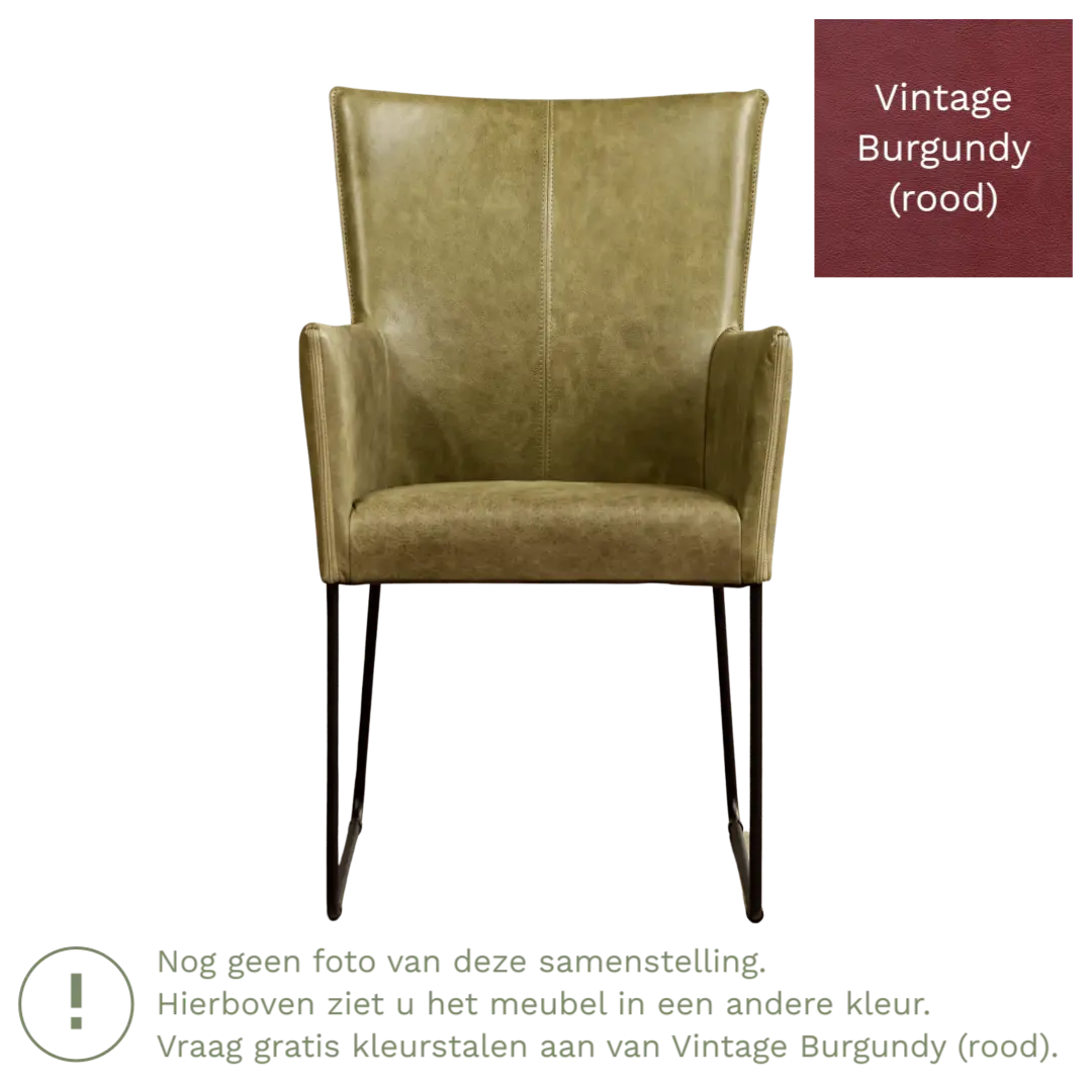 afbeelding van Leren eetkamerstoel Mate met armleuning - Vintage Burgundy (rood) - U-poot staal rond zwart