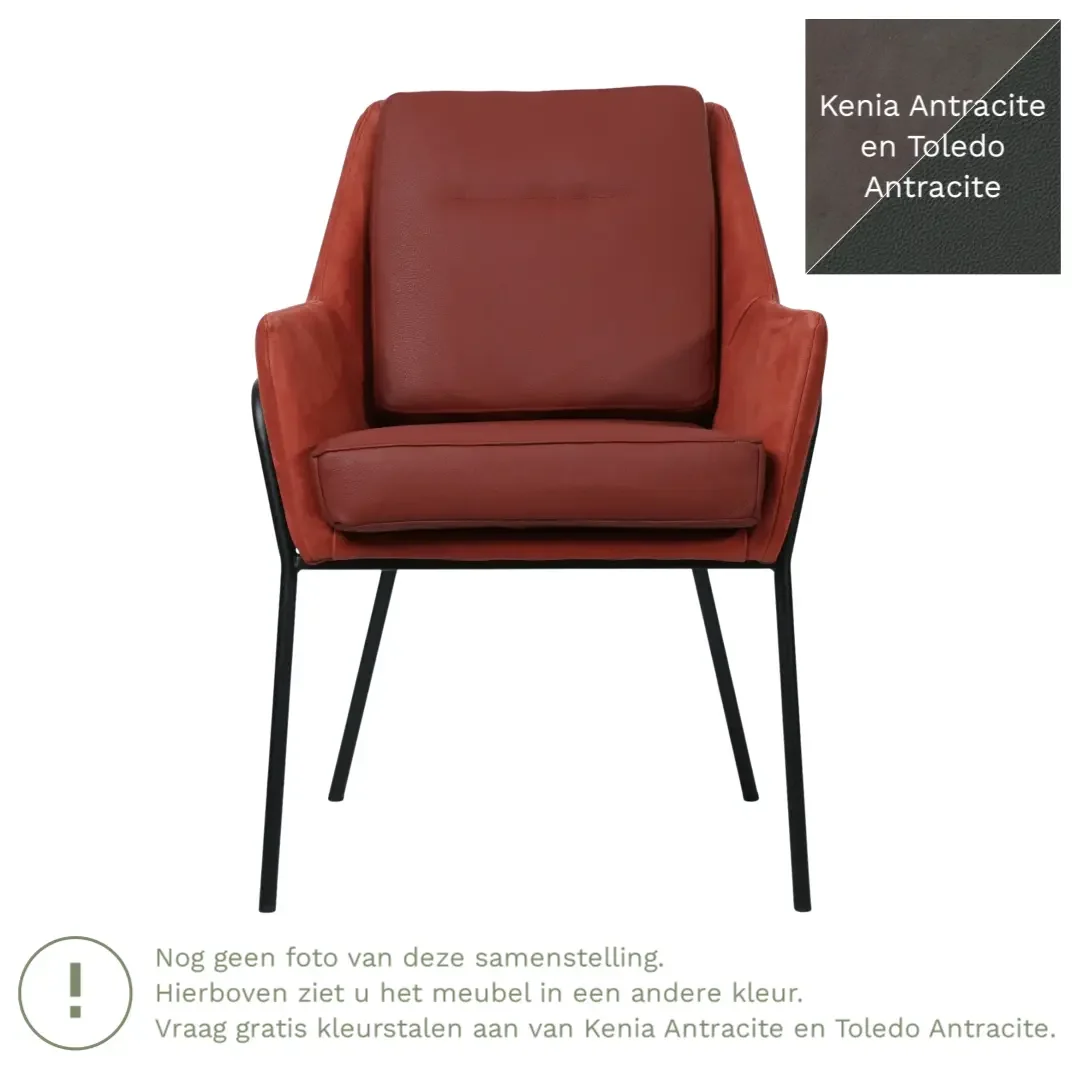 afbeelding van Leren eetkamerstoel Mix Duo - Kenia Antracite en Toledo Antracite - Poten staal rond zwart
