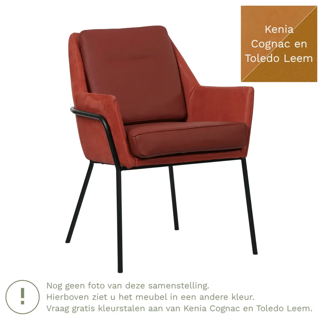 afbeelding van Leren eetkamerstoel Mix Duo - Kenia Cognac en Toledo Leem - Poten staal rond zwart