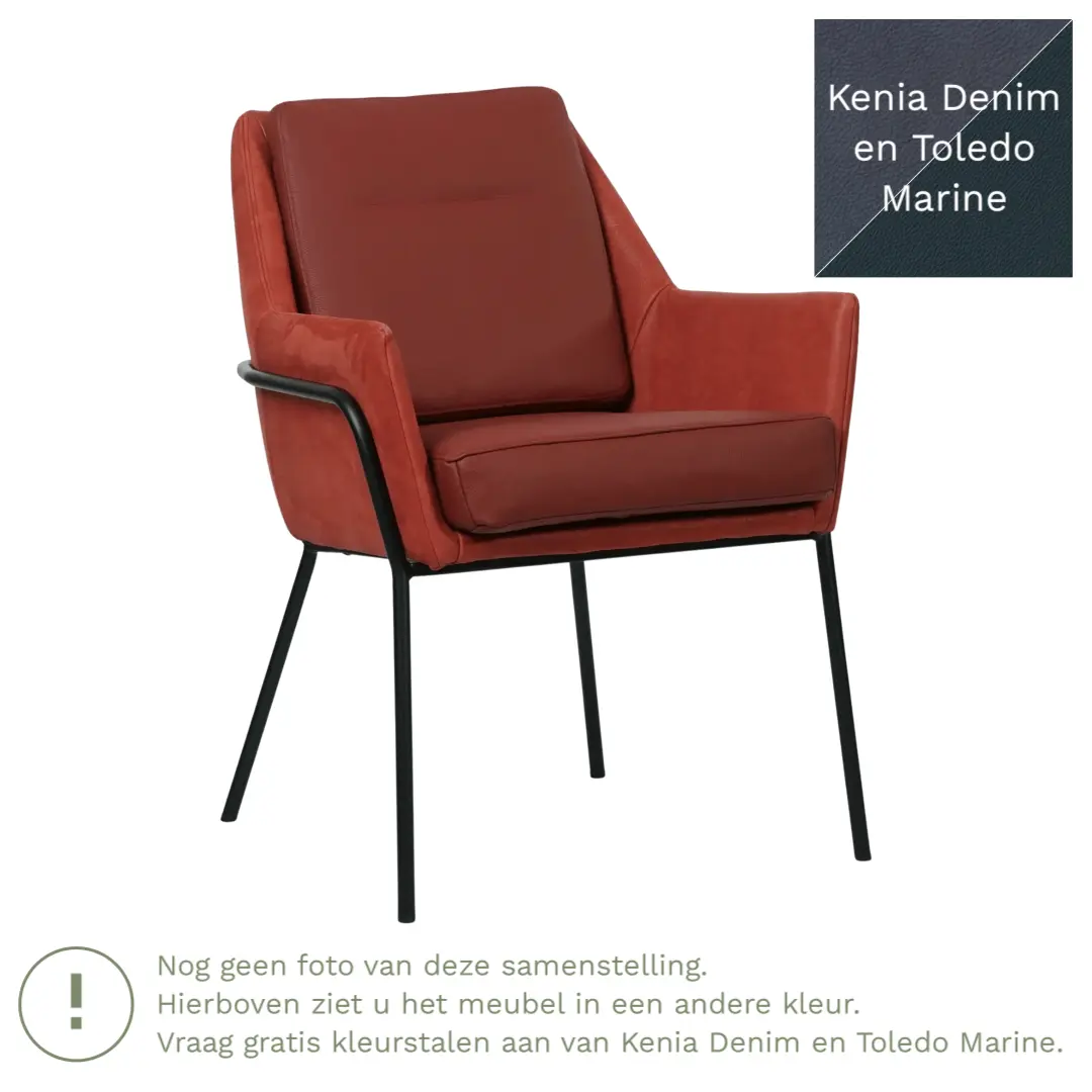 afbeelding van Leren eetkamerstoel Mix Duo - Kenia Denim en Toledo Marine - Poten staal rond zwart