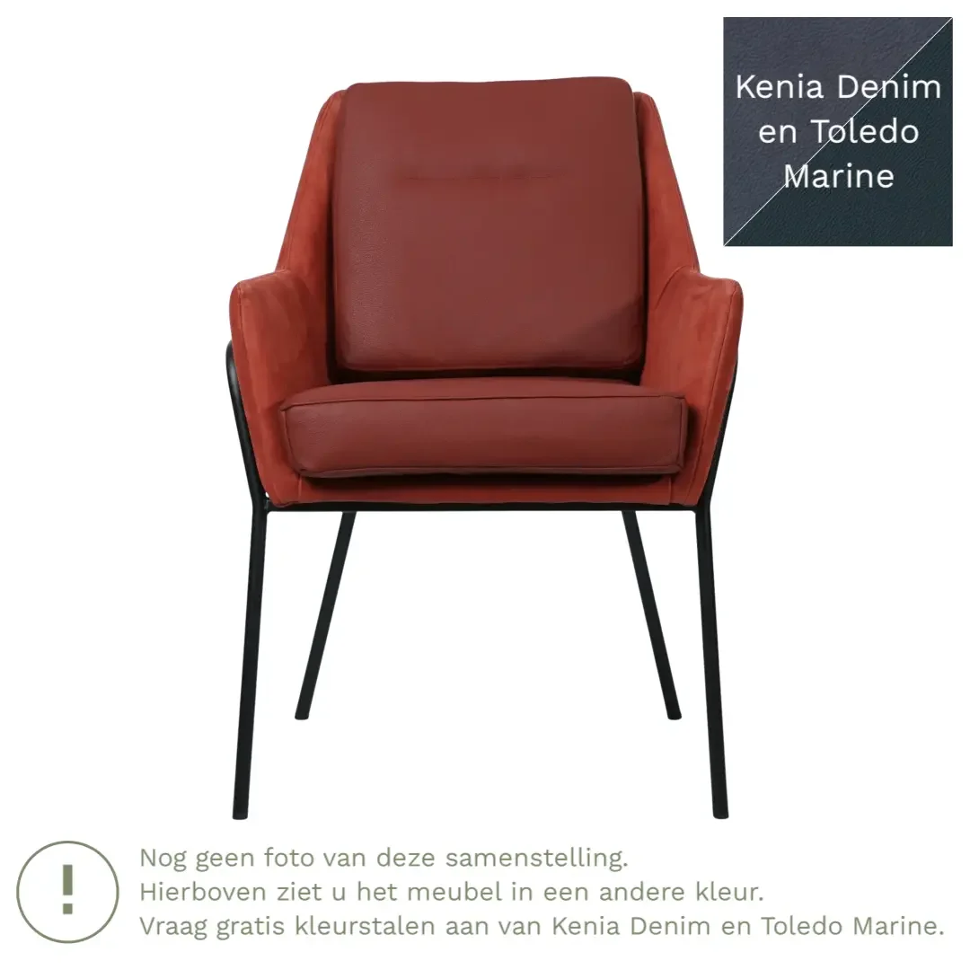 afbeelding van Leren eetkamerstoel Mix Duo - Kenia Denim en Toledo Marine - Poten staal rond zwart