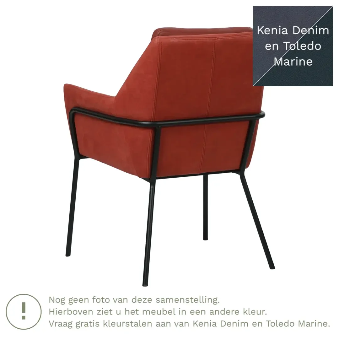 afbeelding van Leren eetkamerstoel Mix Duo - Kenia Denim en Toledo Marine - Poten staal rond zwart