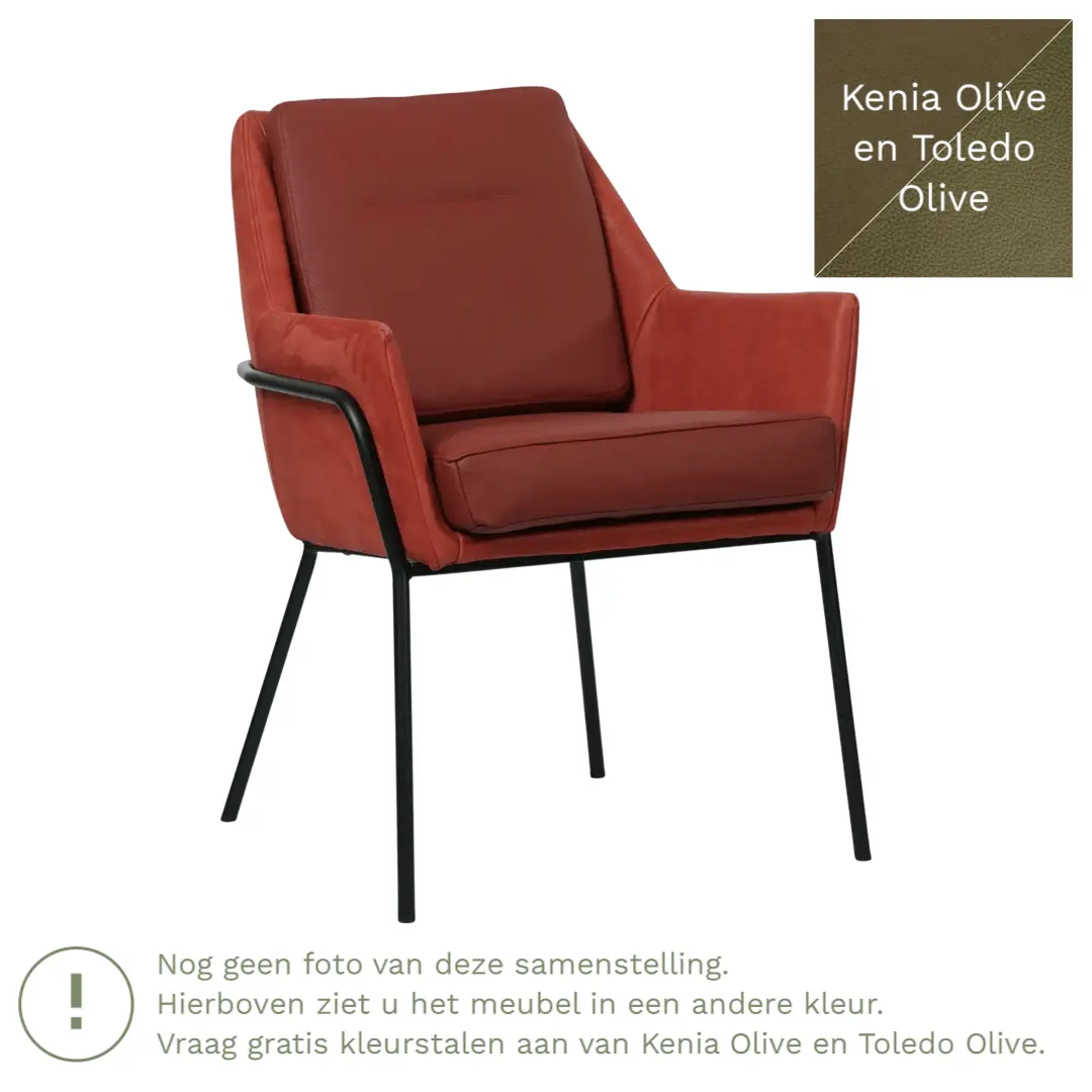afbeelding van Leren eetkamerstoel Mix Duo - Kenia Olive en Toledo Olive - Poten staal rond zwart
