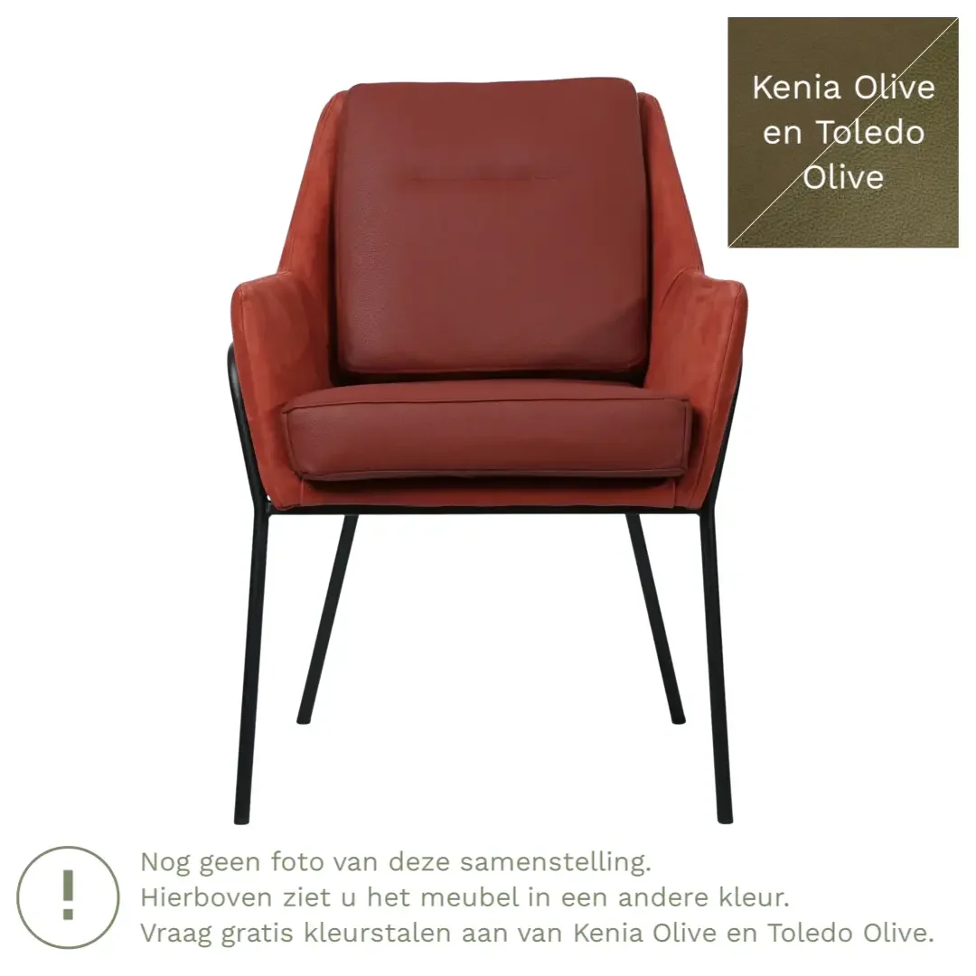 afbeelding van Leren eetkamerstoel Mix Duo - Kenia Olive en Toledo Olive - Poten staal rond zwart
