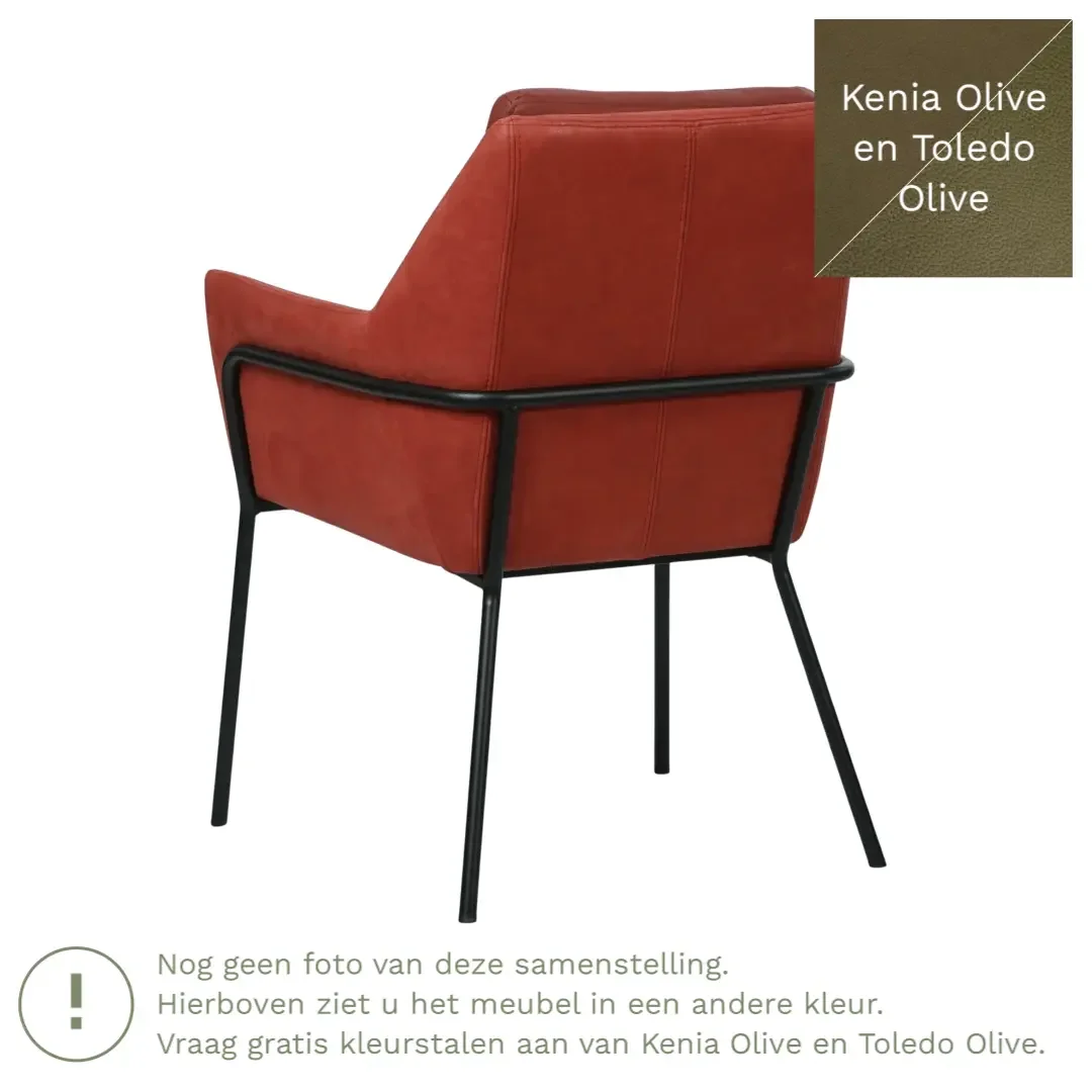 afbeelding van Leren eetkamerstoel Mix Duo - Kenia Olive en Toledo Olive - Poten staal rond zwart