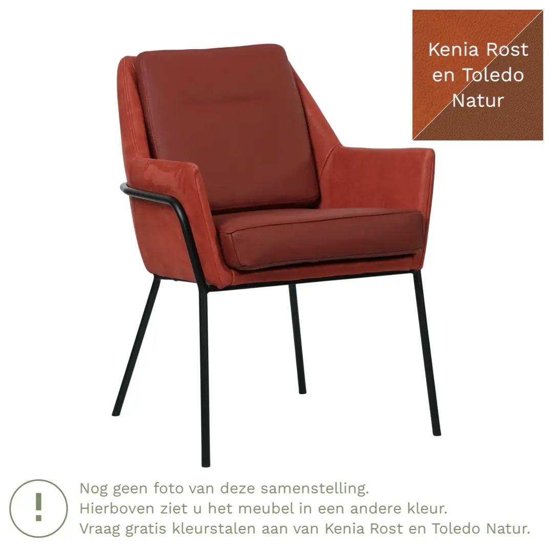 afbeelding van Leren eetkamerstoel Mix Duo - Kenia Rost en Toledo Natur - Poten staal rond zwart