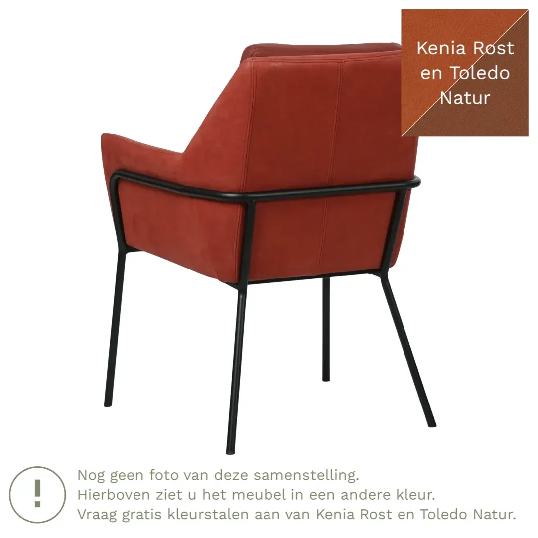 afbeelding van Leren eetkamerstoel Mix Duo - Kenia Rost en Toledo Natur - Poten staal rond zwart