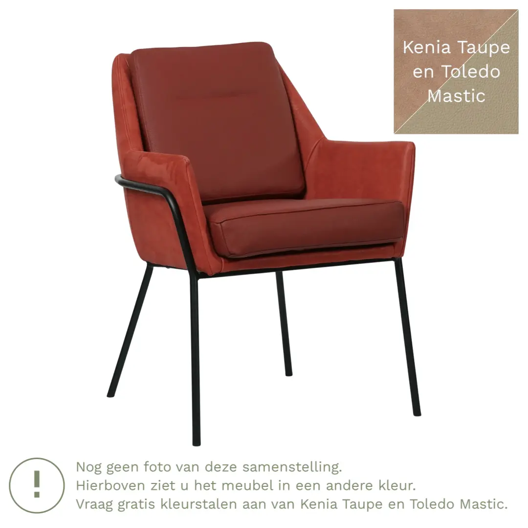 afbeelding van Leren eetkamerstoel Mix Duo - Kenia Taupe en Toledo Mastic - Poten staal rond zwart