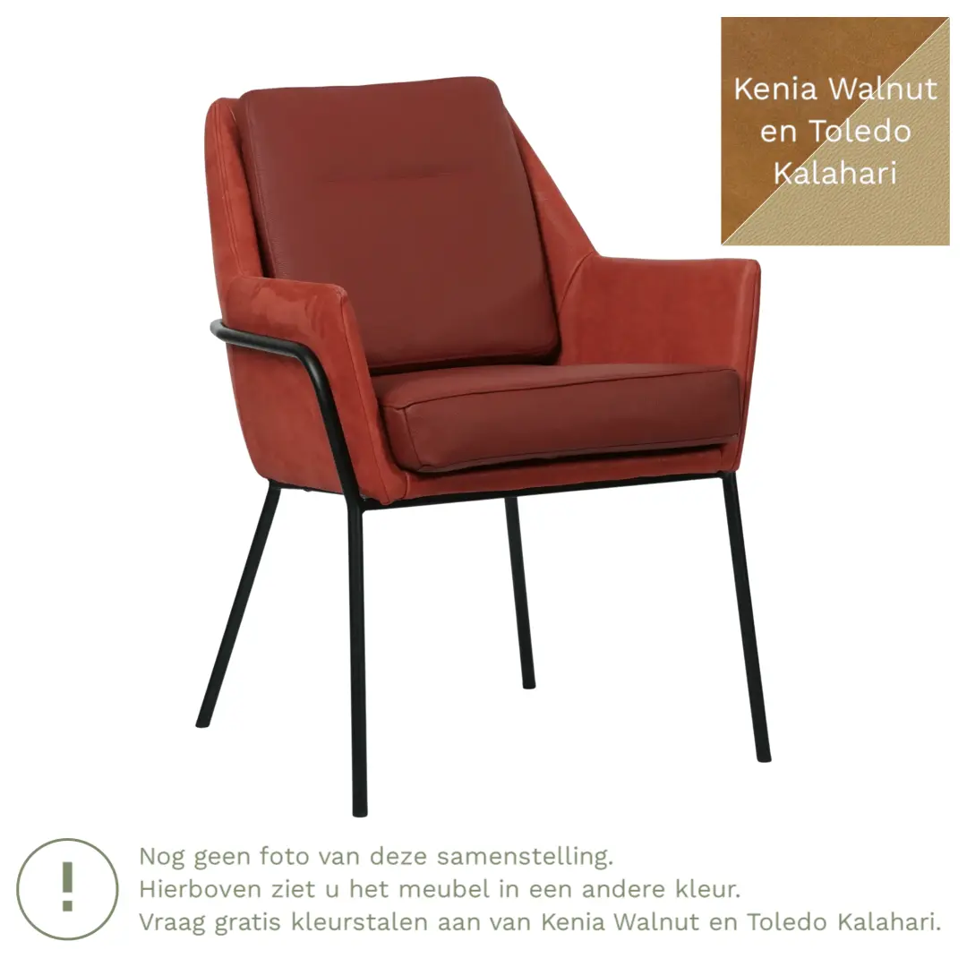 afbeelding van Leren eetkamerstoel Mix Duo - Kenia Walnut en Toledo Kalahari - Poten staal rond zwart