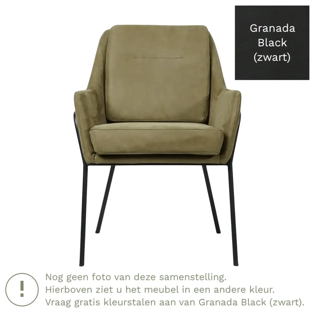 afbeelding van Leren eetkamerstoel Mix - Granada Black (zwart) - Poten staal rond zwart