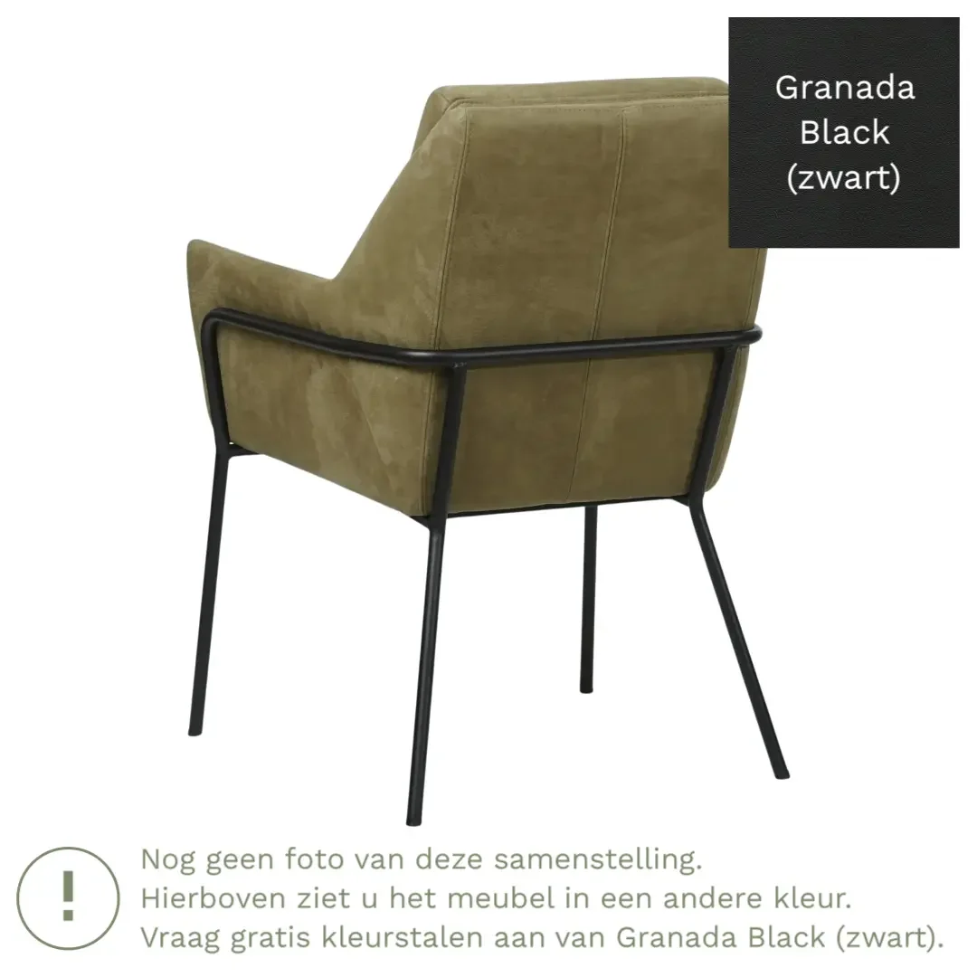 afbeelding van Leren eetkamerstoel Mix - Granada Black (zwart) - Poten staal rond zwart