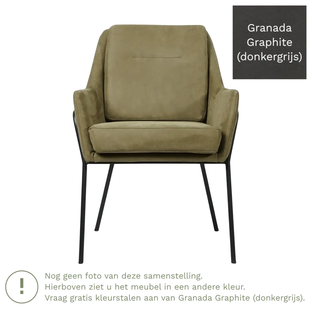 afbeelding van Leren eetkamerstoel Mix - Granada Graphite (donkergrijs) - Poten staal rond zwart