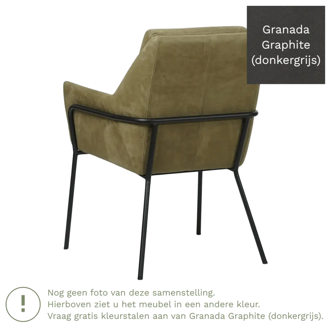 afbeelding van Leren eetkamerstoel Mix - Granada Graphite (donkergrijs) - Poten staal rond zwart