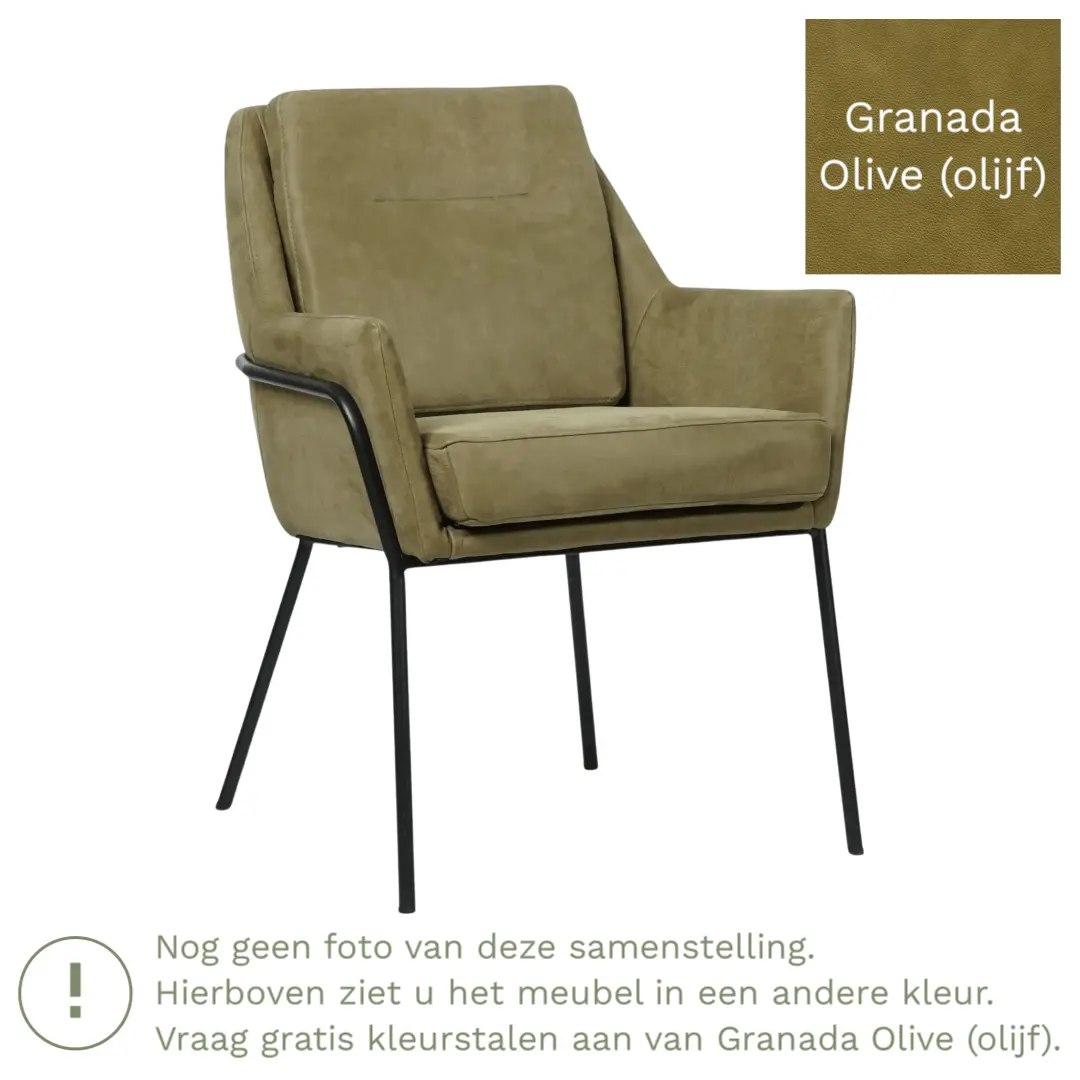 afbeelding van Leren eetkamerstoel Mix - Granada Olive (olijf) - Poten staal rond zwart