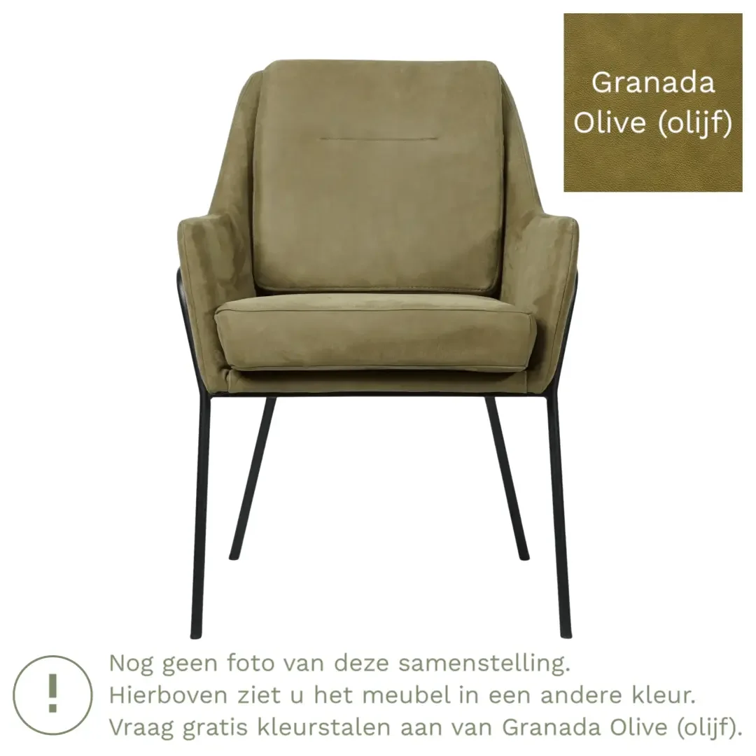 afbeelding van Leren eetkamerstoel Mix - Granada Olive (olijf) - Poten staal rond zwart