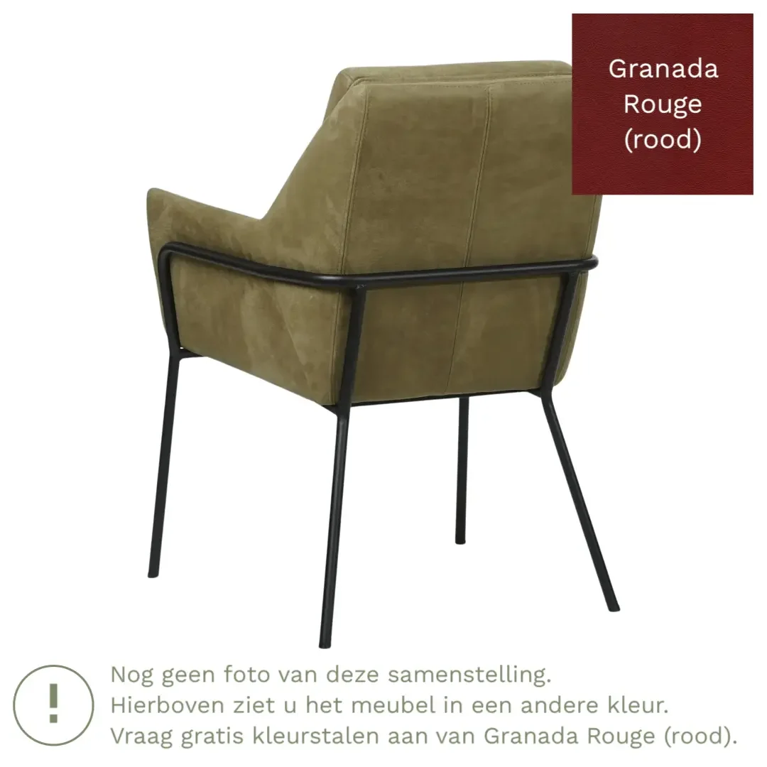 afbeelding van Leren eetkamerstoel Mix - Granada Rouge (rood) - Poten staal rond zwart