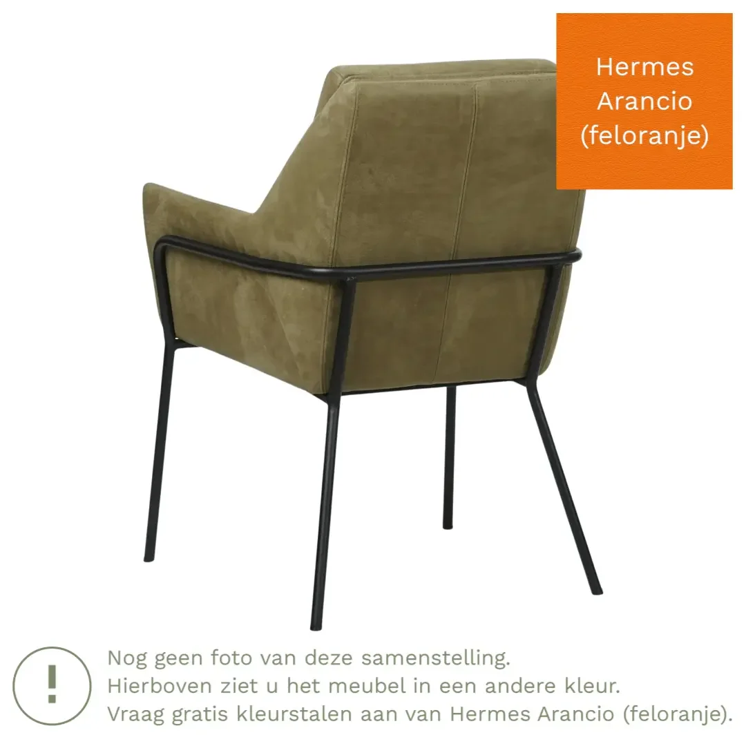 afbeelding van Leren eetkamerstoel Mix - Hermes Arancio (feloranje) - Poten staal rond zwart