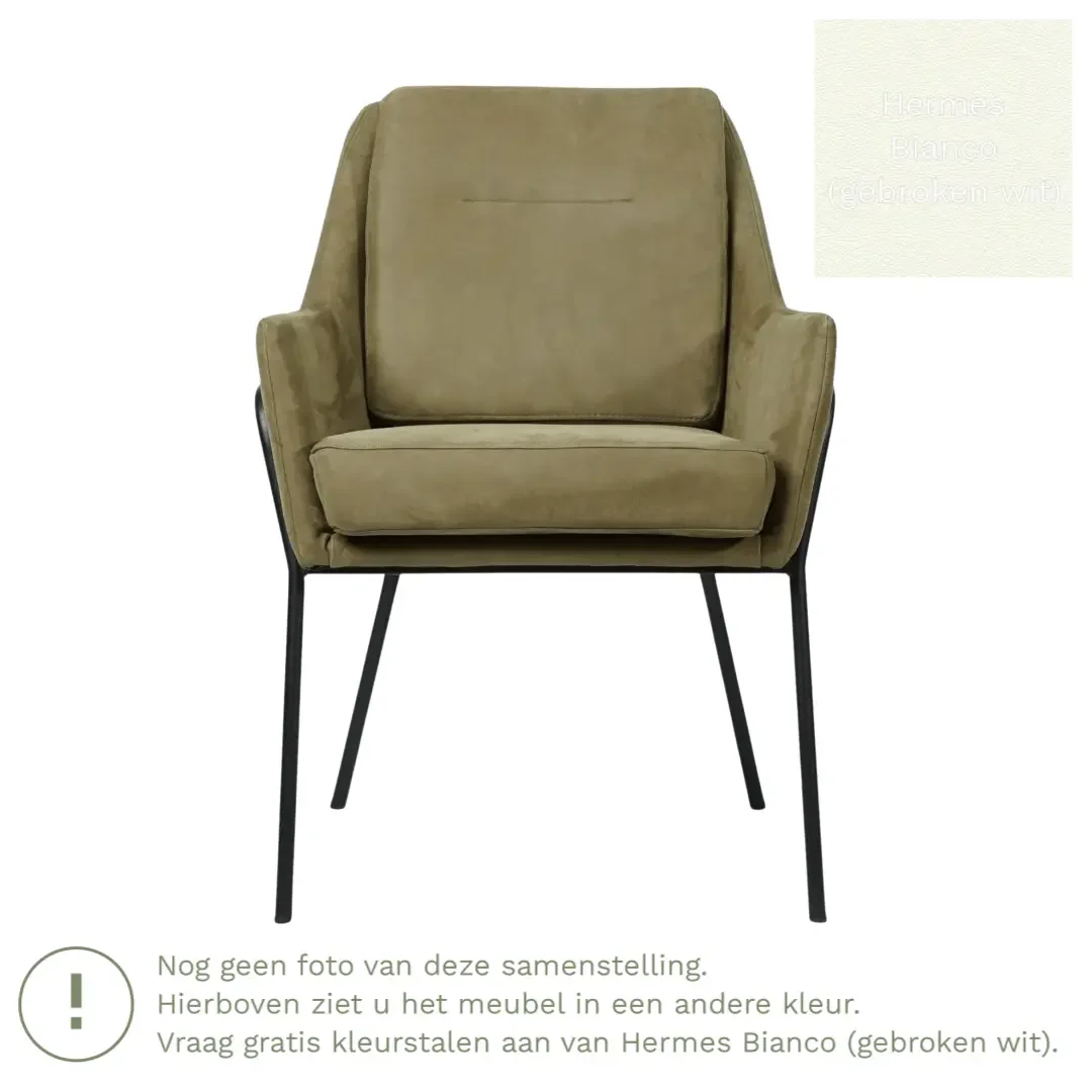 afbeelding van Leren eetkamerstoel Mix - Hermes Bianco (gebroken wit) - Poten staal rond zwart