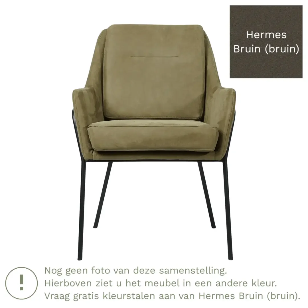 afbeelding van Leren eetkamerstoel Mix - Hermes Bruin (bruin) - Poten staal rond zwart