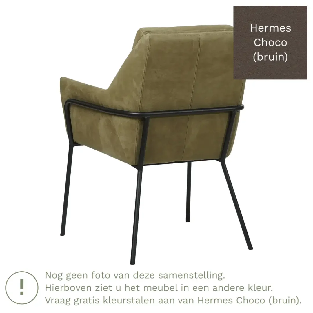 afbeelding van Leren eetkamerstoel Mix - Hermes Choco (bruin) - Poten staal rond zwart