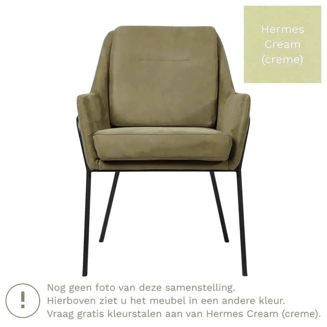 afbeelding van Leren eetkamerstoel Mix - Hermes Cream (crème) - Poten staal rond zwart