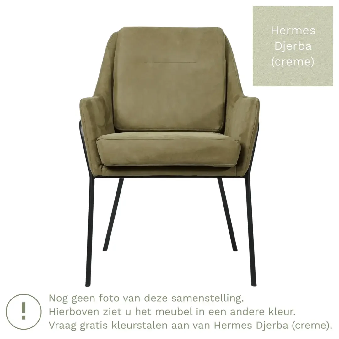 afbeelding van Leren eetkamerstoel Mix - Hermes Djerba (crème) - Poten staal rond zwart