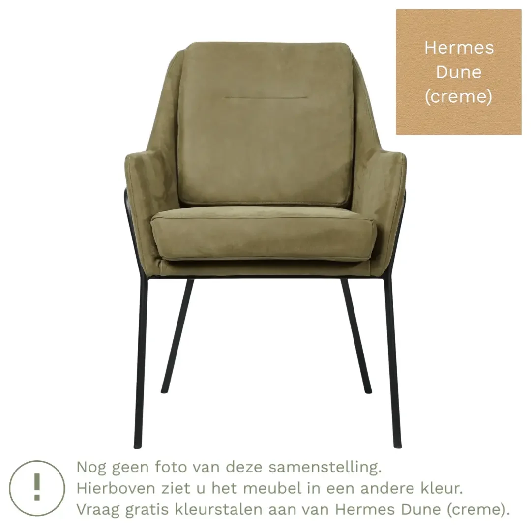 afbeelding van Leren eetkamerstoel Mix - Hermes Dune (crème) - Poten staal rond zwart