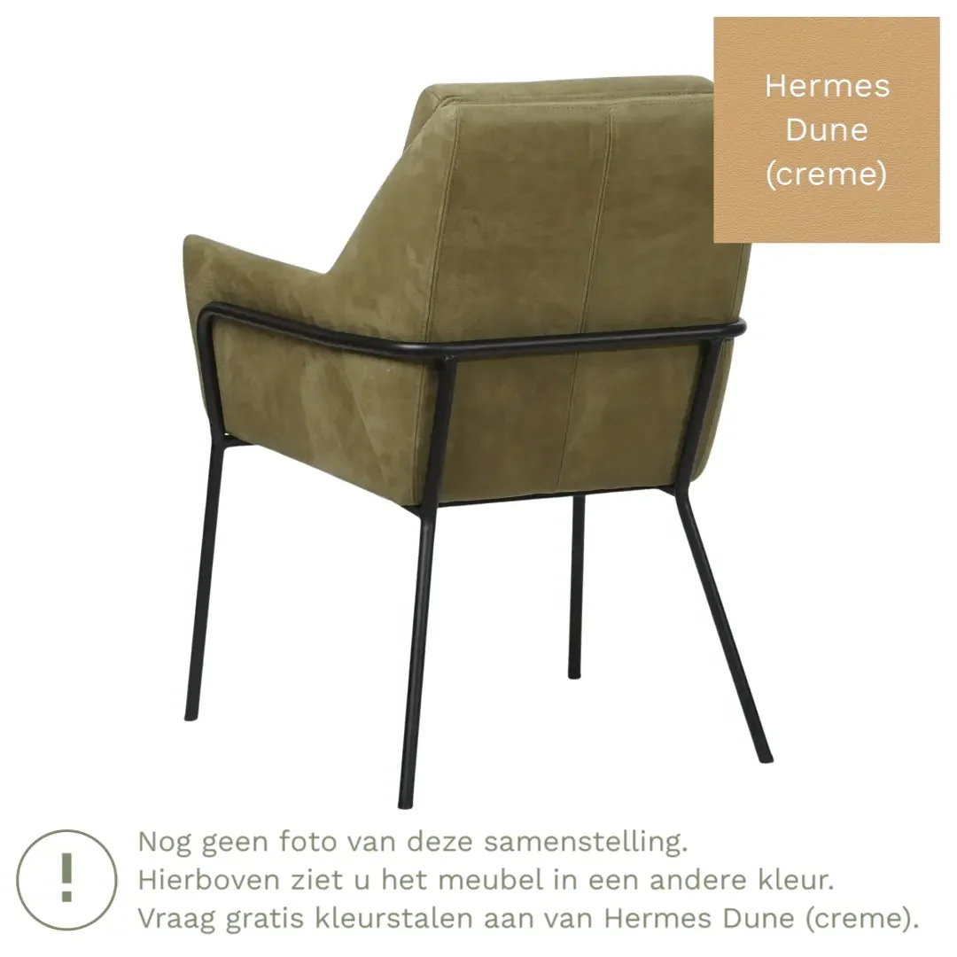 afbeelding van Leren eetkamerstoel Mix - Hermes Dune (crème) - Poten staal rond zwart
