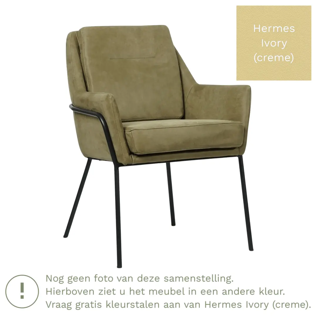 afbeelding van Leren eetkamerstoel Mix - Hermes Ivory (crème) - Poten staal rond zwart