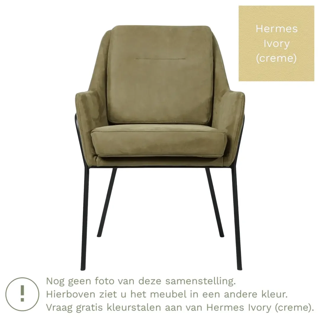 afbeelding van Leren eetkamerstoel Mix - Hermes Ivory (crème) - Poten staal rond zwart