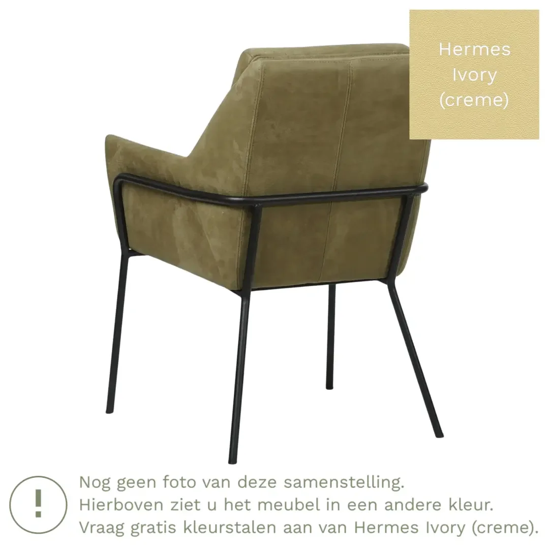 afbeelding van Leren eetkamerstoel Mix - Hermes Ivory (crème) - Poten staal rond zwart