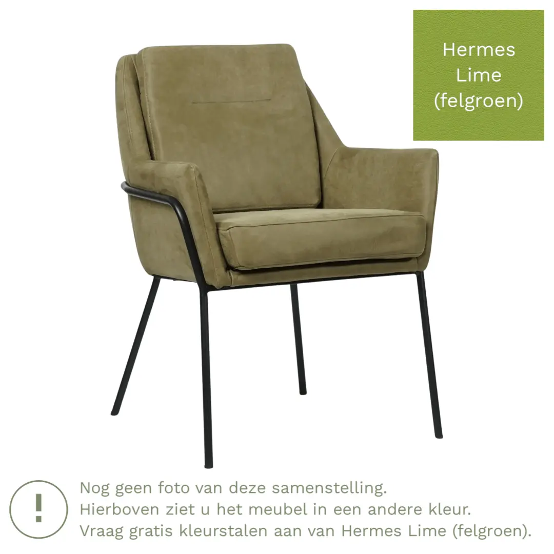 afbeelding van Leren eetkamerstoel Mix - Hermes Lime (felgroen) - Poten staal rond zwart