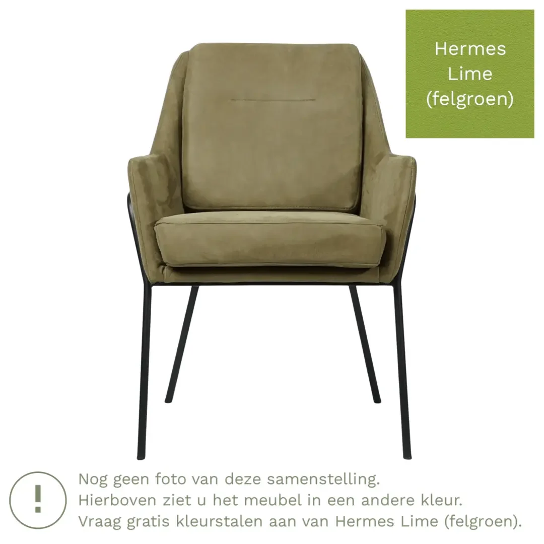 afbeelding van Leren eetkamerstoel Mix - Hermes Lime (felgroen) - Poten staal rond zwart