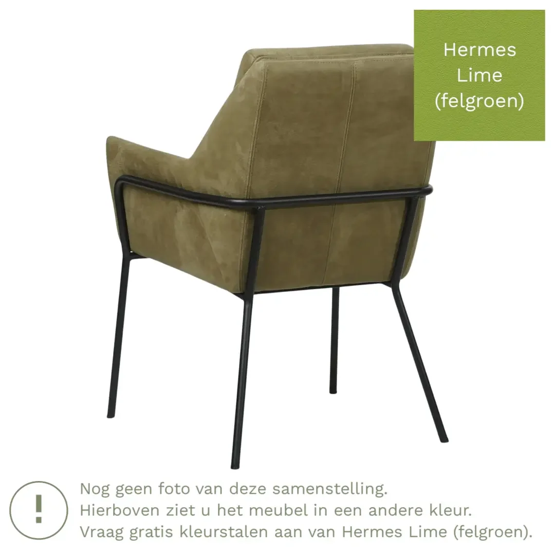 afbeelding van Leren eetkamerstoel Mix - Hermes Lime (felgroen) - Poten staal rond zwart